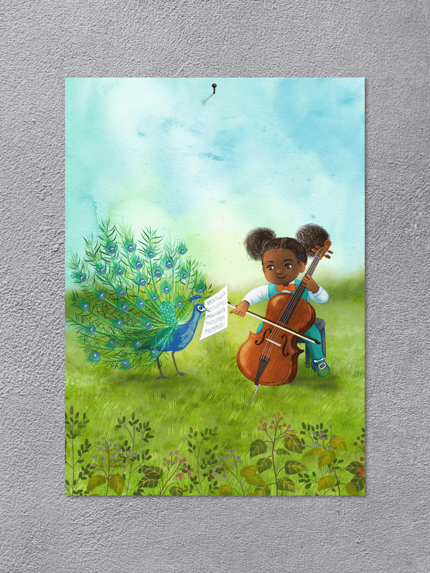 Poster DIN A3 mit Nachtleuchtfarbe "Cello und Pfau"