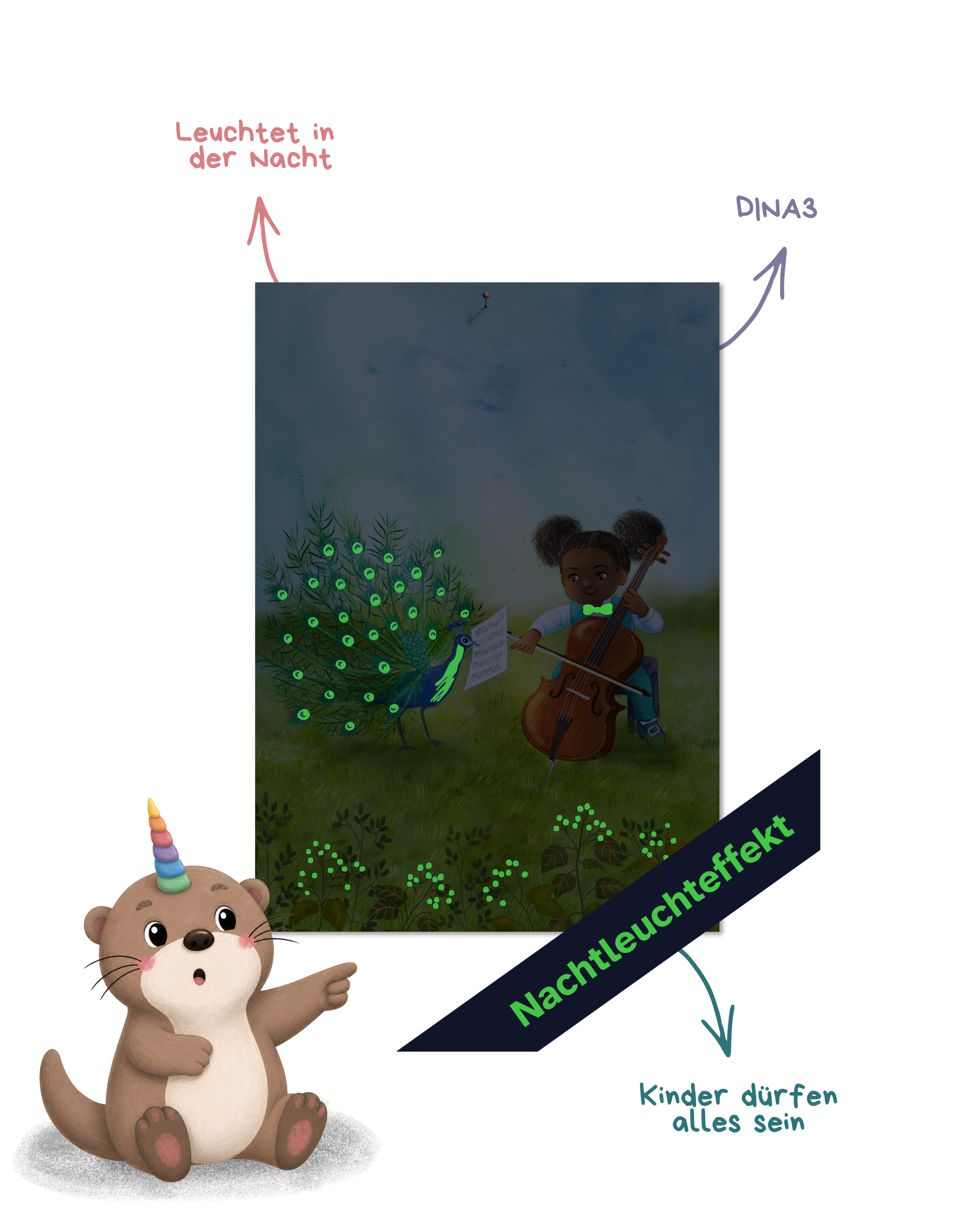 Poster DIN A3 mit Nachtleuchtfarbe "Cello und Pfau"