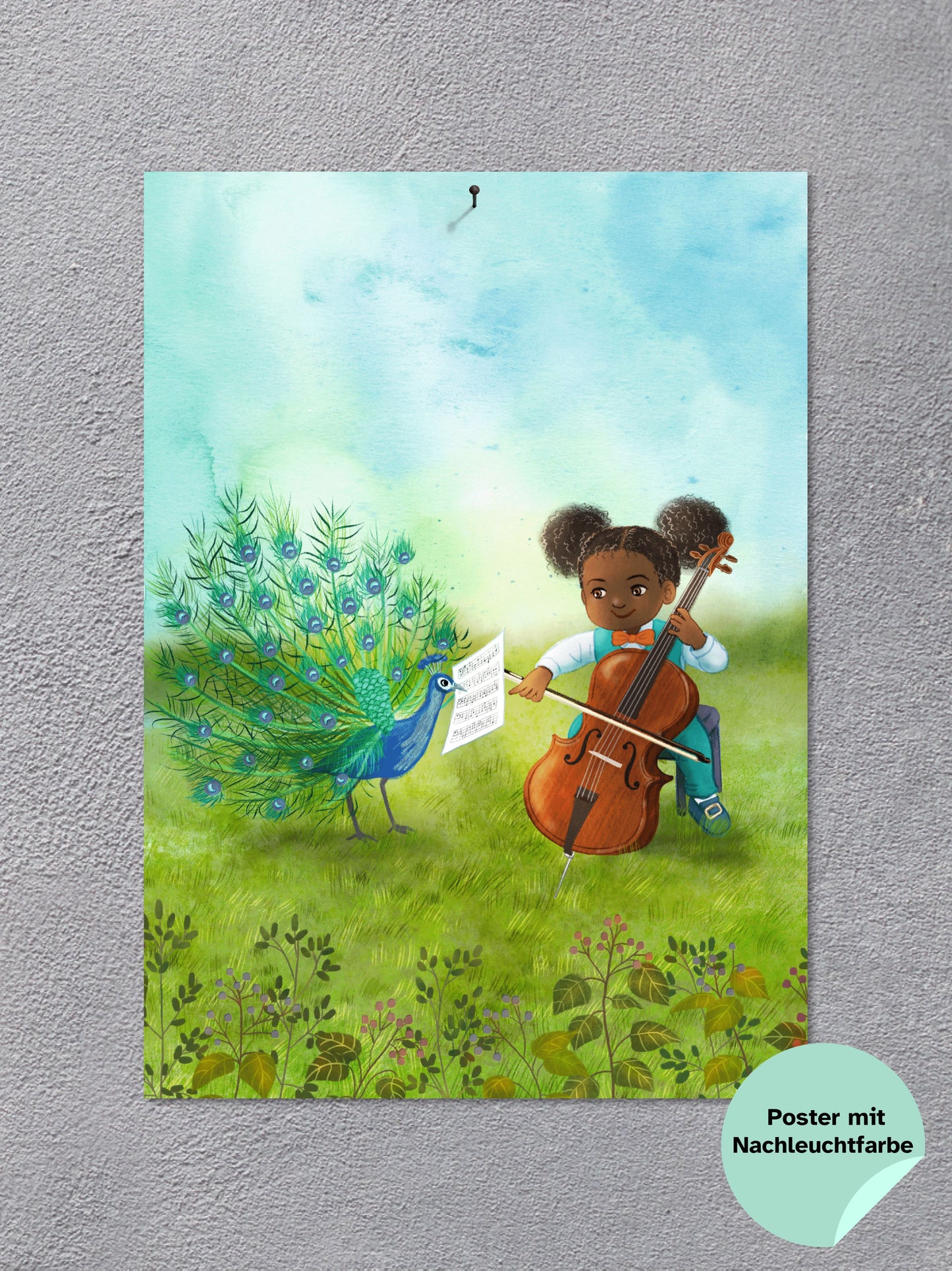 Poster DIN A3 mit Nachtleuchtfarbe "Cello und Pfau"