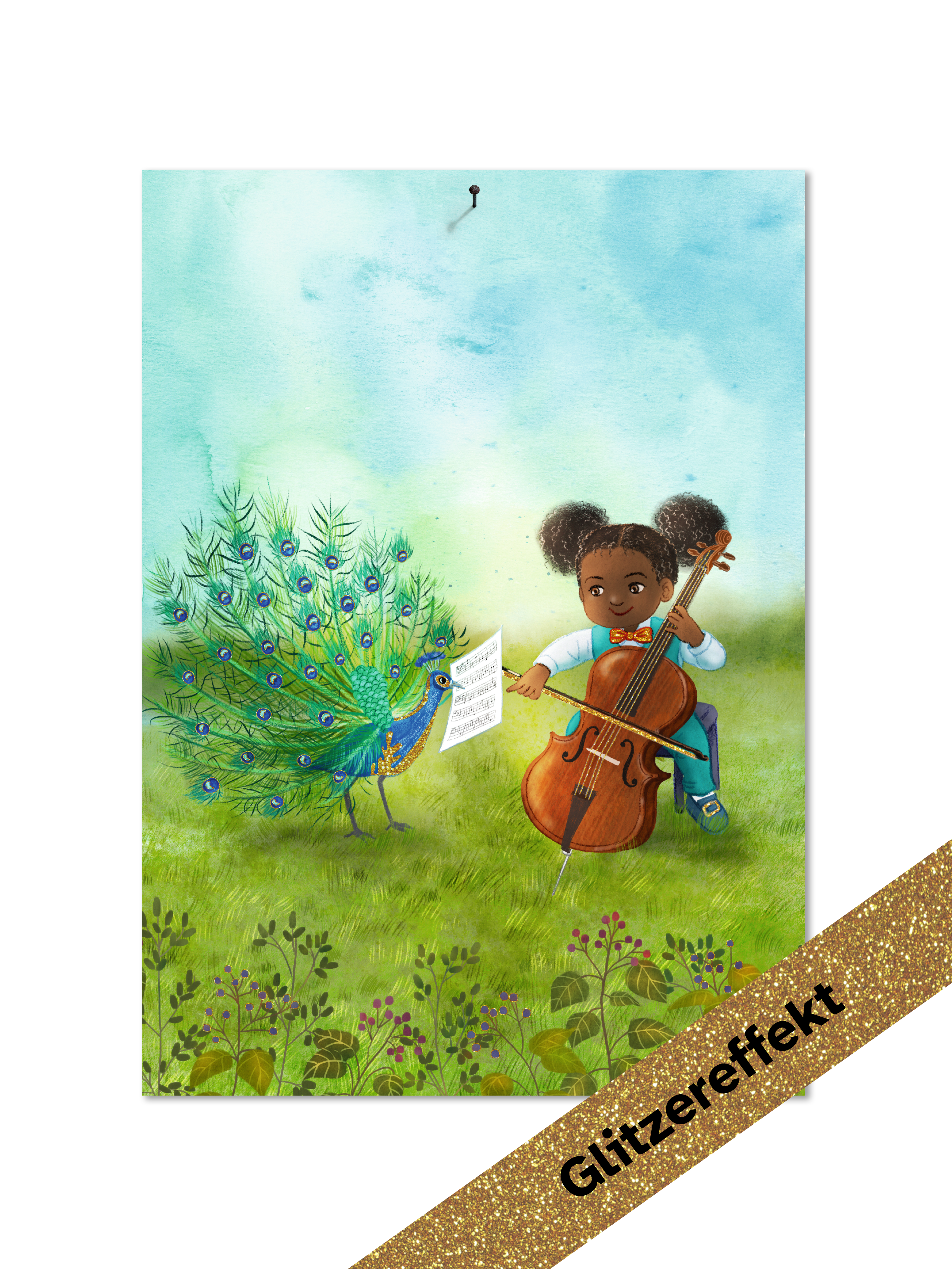 Poster DIN A3 mit Bio-Glitzereffekt "Cello und Pfau"