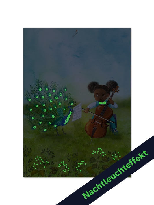 Poster DIN A3 mit Nachtleuchtfarbe "Cello und Pfau"